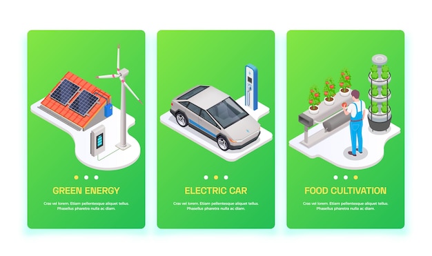 Un insieme di tre bandiere verticali di tecnologia amichevole di eco con l'illustrazione isometrica