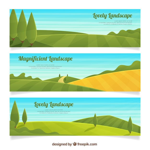 Free vector set of three field banners with trees