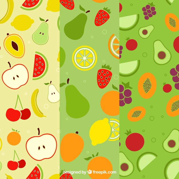 Set of three flat patterns with variety of fruits