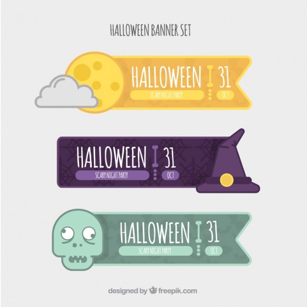 Free vector set of three halloween banners with elements