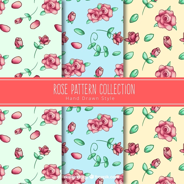 Free Vector set of three hand-drawn rose patterns