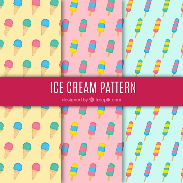 Set of three ice cream patterns in flat design