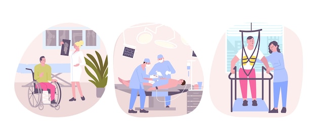 Набор из трех изолированных больничных композиций с человеческими персонажами медицинских специалистов, выполняющих процедуры клинической реабилитации, векторная иллюстрация
