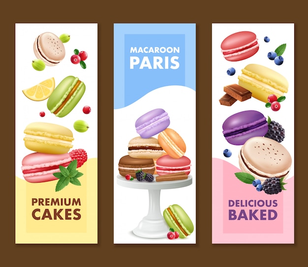 Set of three isolated vertical macaroons banners 