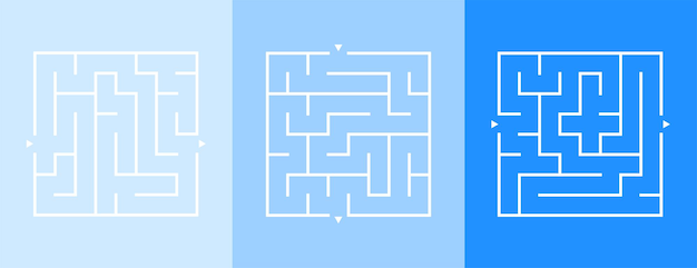 Free vector set of three labyrinth square pattern banner think and solve mystery