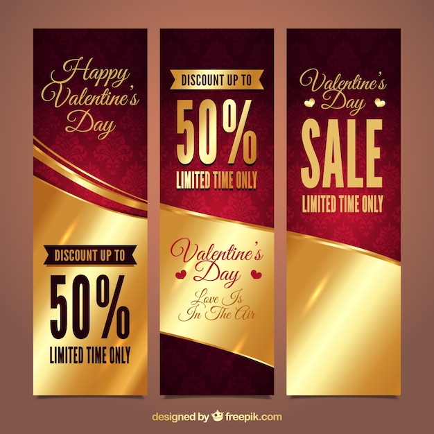 Free vector set of three luxurious banners for valentine's day