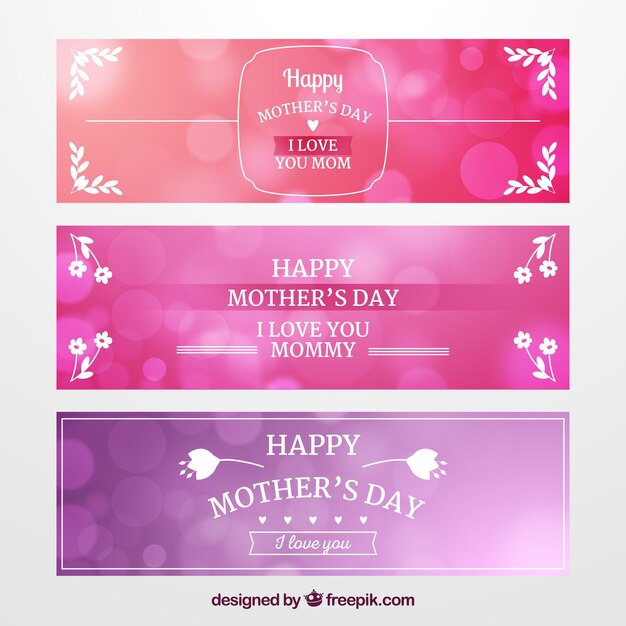 Free vector set of three mother's day banners with bokeh effect