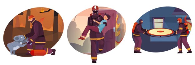 Set of three round illustrations with different locations and firefighters saving people and animals