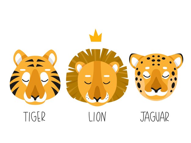 Premium Vector Set Of Three Simple Illustration Of Lion Tiger And Jaguar