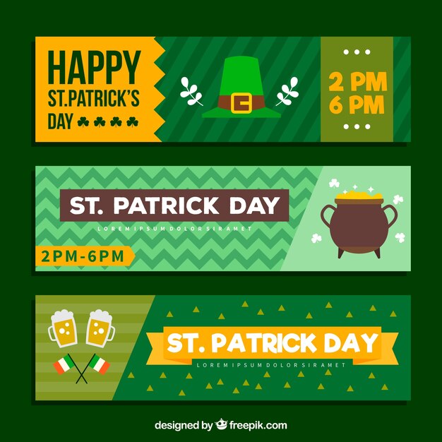 Free vector set of three st patrick's day banners with flat items