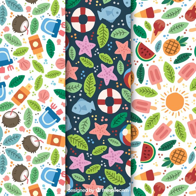 Set of three summer patterns with hand-drawn elements