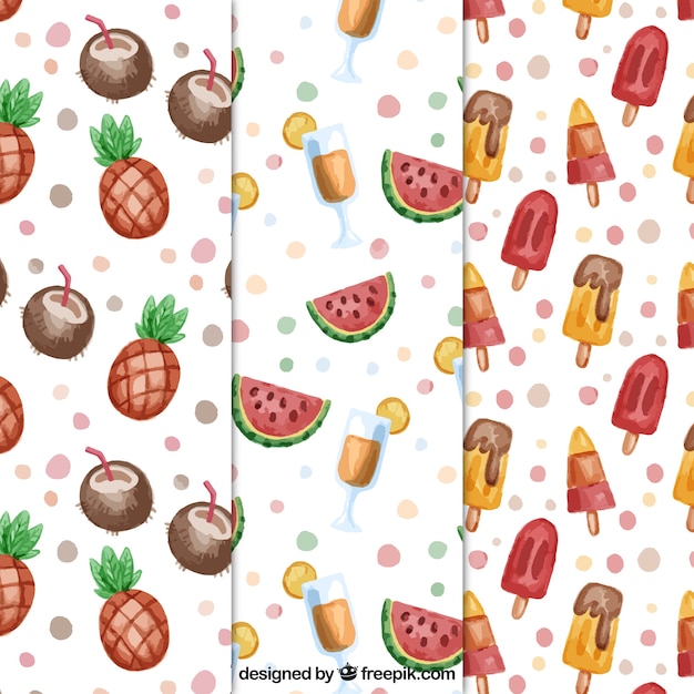 Set of three summer patterns with watercolor fruits and ice creams