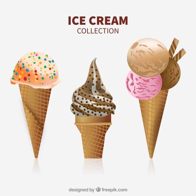 현실적인 디자인의 세 가지 맛있는 아이스크림 세트