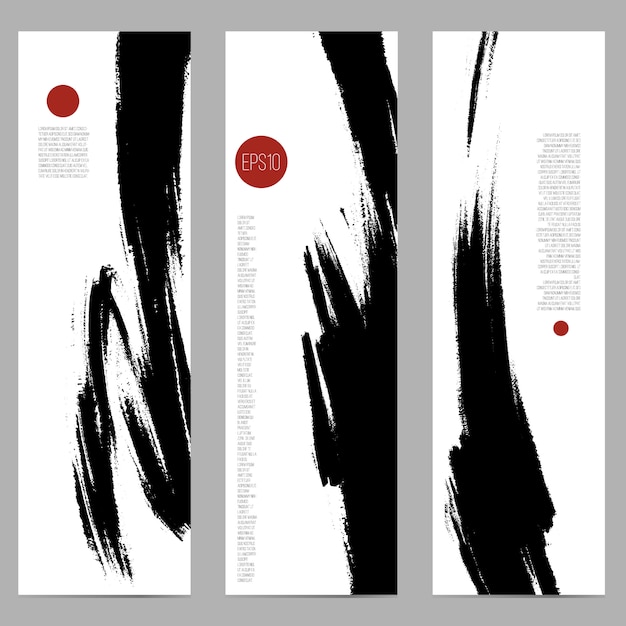 Set of three vertical banners with ink spots by brush.