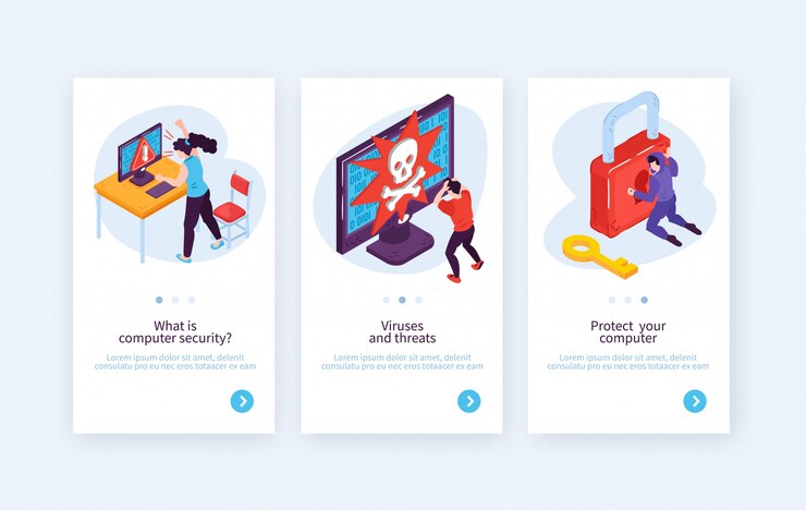 Free Vector set of three vertical isometric hacker banners with conceptual images of people hacking systems with text vector illustration