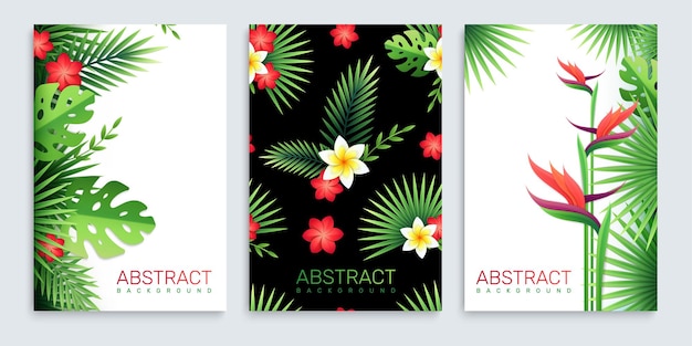 紙の熱帯の葉と花と3つの縦のポスターのセット