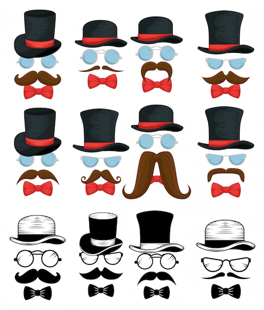 Set of tie bows with hats and glasses