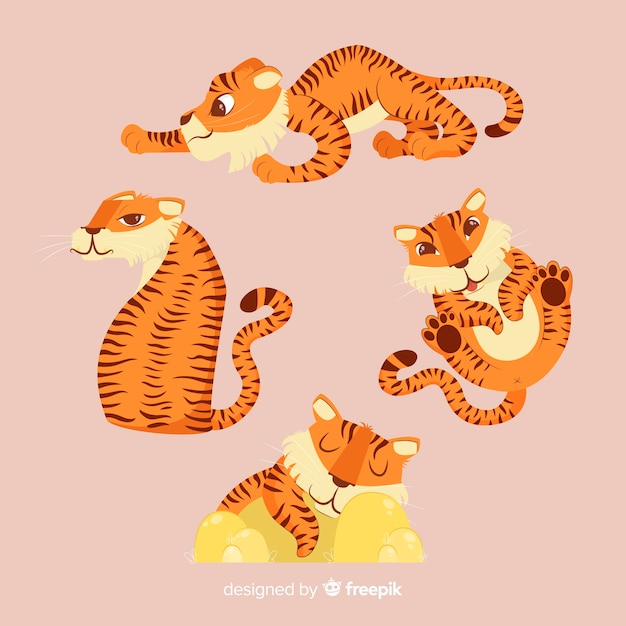 Set of tigers in cartoon style in different positions