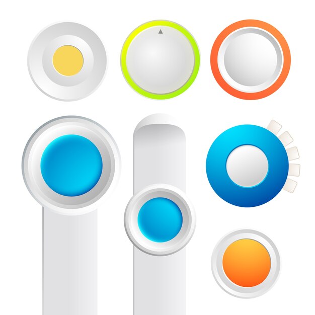 Set of toggle buttons collection with colorful round things and strips of board on the white 