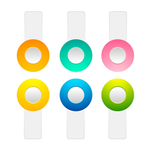 Set of toggle buttons on and off position collection with orange, yellow, green, rose, blue circle elements and white strips