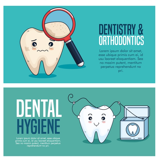 Free vector set tooth care treatment with magnifying glass and dental floss