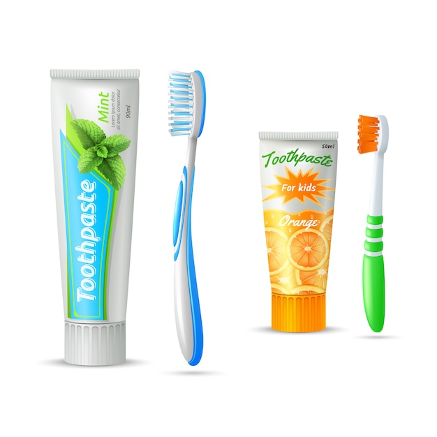 Free vector set of toothpaste tubes and toothbrushs for kids and adults