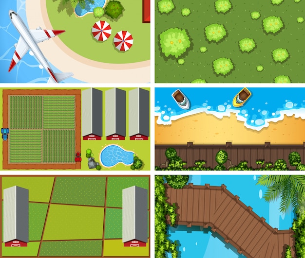 Free vector set of top view aerial scenes or background in nature and outdoors