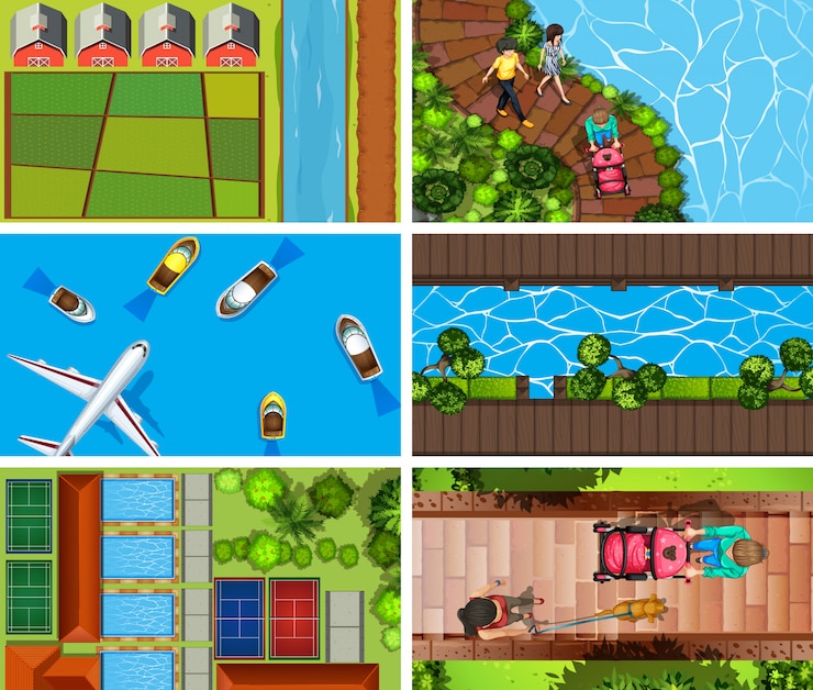 Free Vector set of top view aerial scenes in nature and outdoors