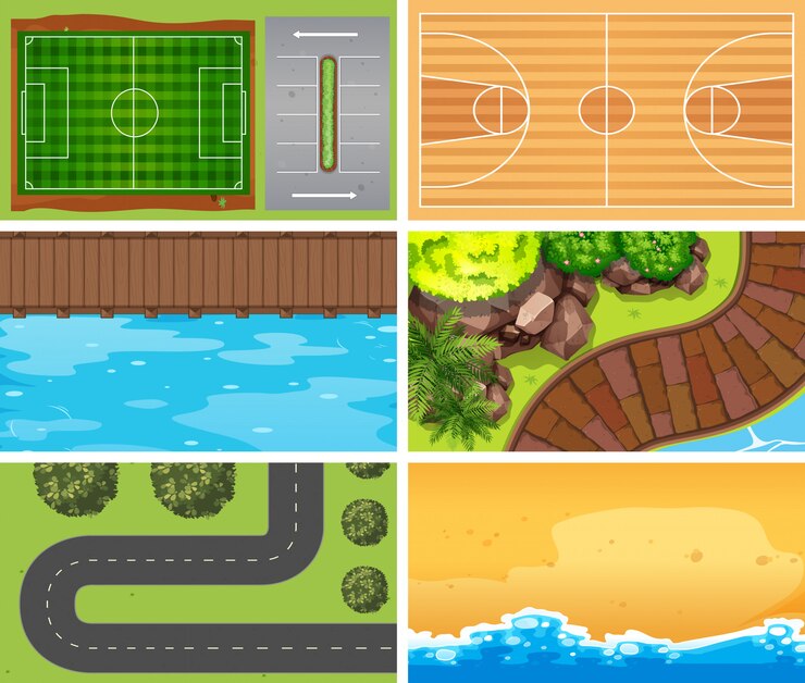 Free Vector set of top view aerial scenes in nature and outdoors