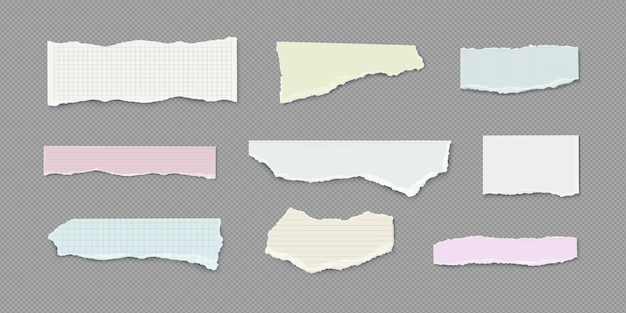 Free vector set of torn notebook paper pieces isolated on transparent background vector realistic illustration of blank ripped diary sheet with uneven edges memo strips with grid stripe dot design garbage