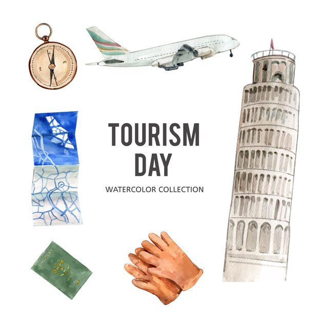 Free vector set of tourism collection design isolated watercolor illustration