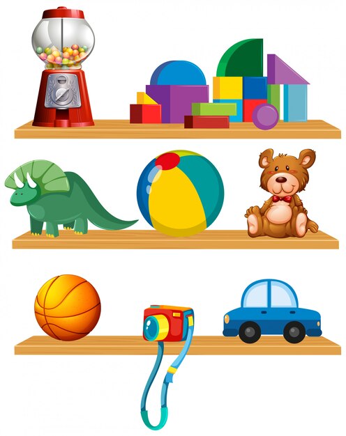 Set of toys in the shelf