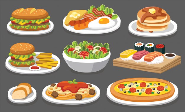 Set of traditional food. let's eat something delicious tasty food. icons for menu logos and labels.