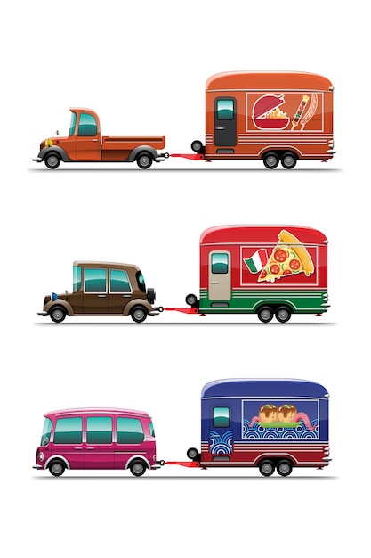 Set di camion di cibo del rimorchio con grill bar-bq, pizza e negozio di alimentari giapponesi tokoyaki, illustrazione piatta stile di disegno su priorità bassa bianca