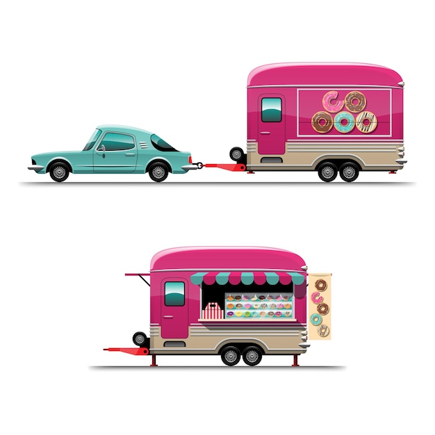 Набор прицепа Продовольственный грузовик с пончиком с большим на стороне автомобиля, рисование стиля плоской иллюстрации на белом фоне