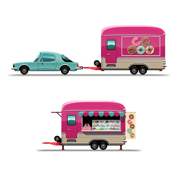 자동차의 측면에 큰 도넛과 트레일러 음식 트럭 세트, 흰색 배경에 스타일 평면 그림 그리기