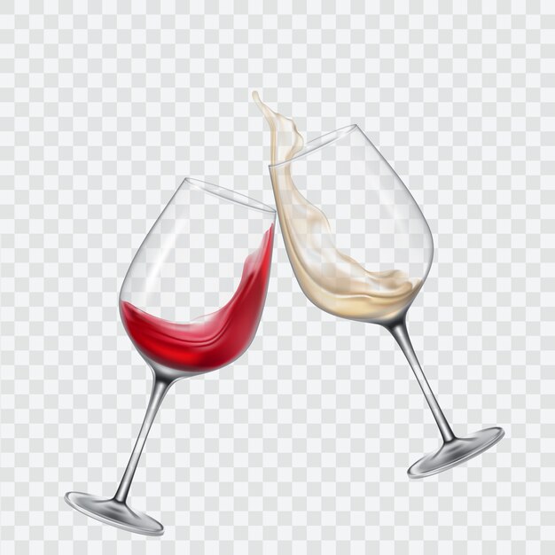 Установите прозрачные очки с белым и красным вином
