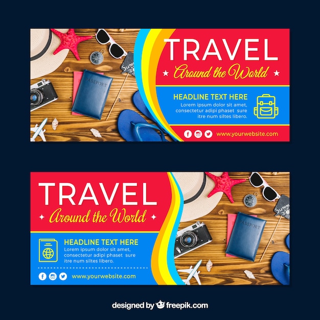 Free vector set of travel banners with photography