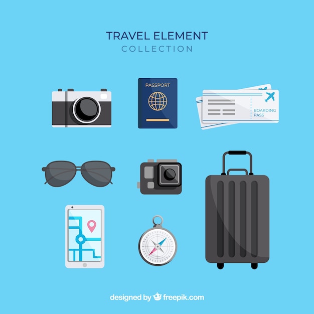 Set of travel elements in flat style