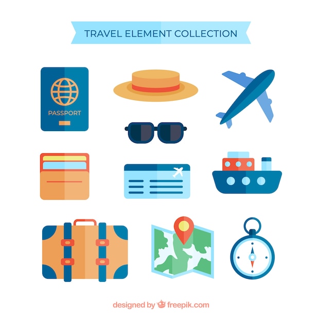 Set of travel elements in flat style