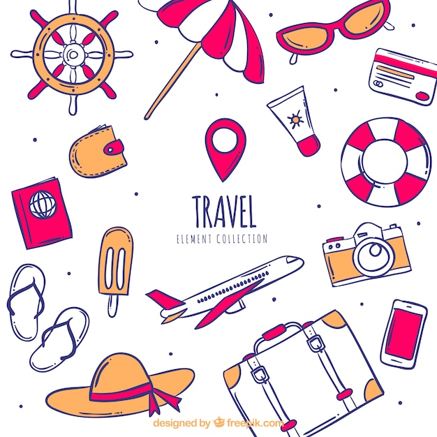 Set of travel elements in hand drawn style