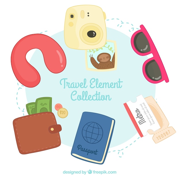 Free vector set of travel elements in hand drawn style