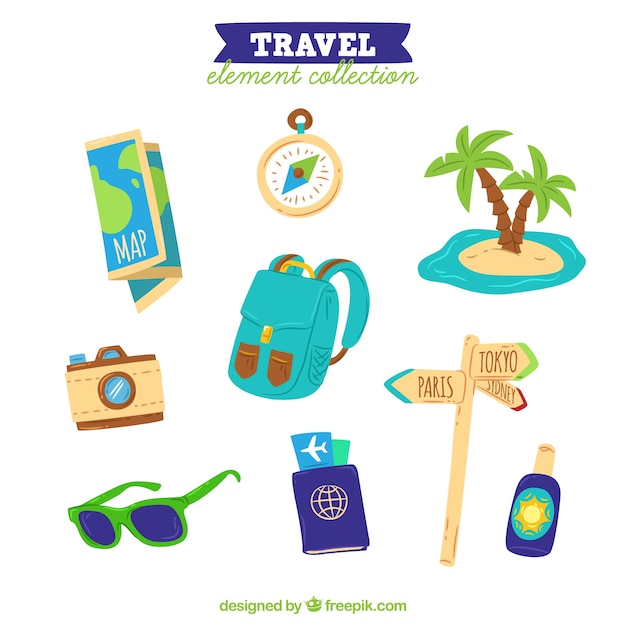 Set of travel elements in hand drawn style