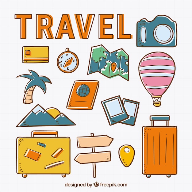 Free vector set of travel elements in hand drawn style