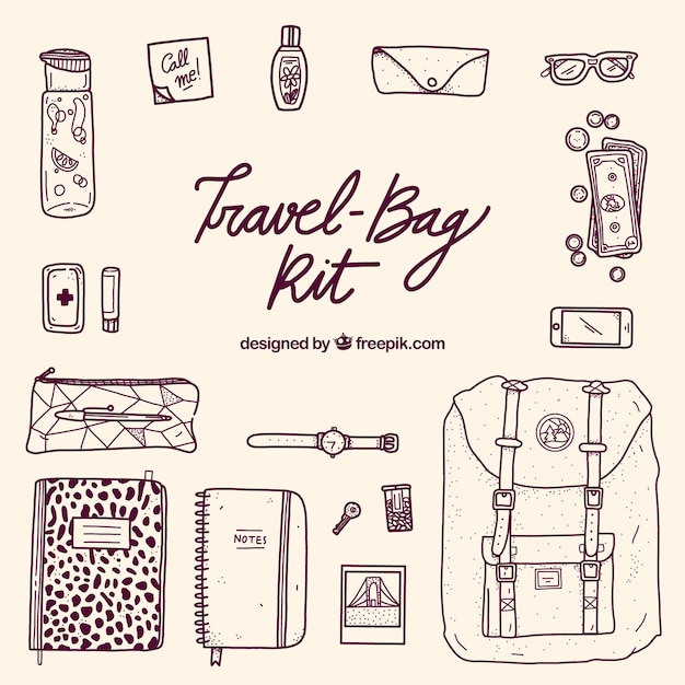 Free vector set of travel elements in hand drawn style