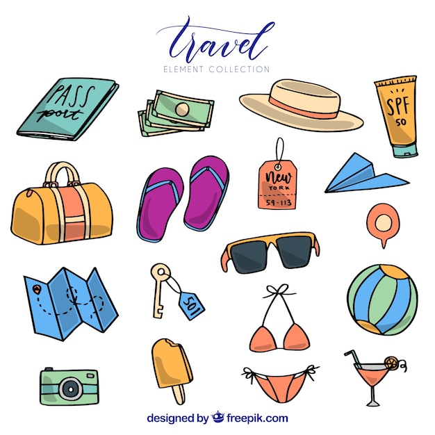 Free vector set of travel elements in hand drawn style