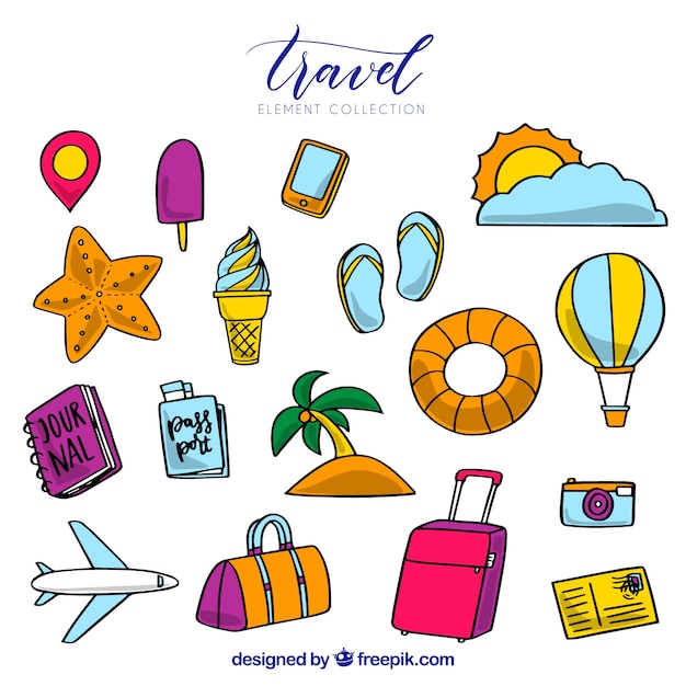 Free vector set of travel elements in hand drawn style