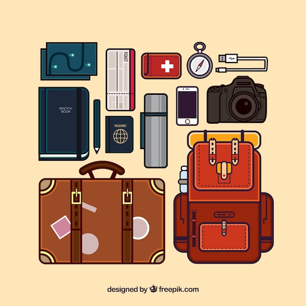 Set of travel equipment in linear style