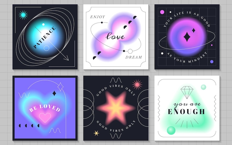 Free Vector set of trendy blur gradient posts for social media vintage y2k pastel color banner collection with blurred geometric shapes flyers of aura aesthetic elements different forms with defocus effect