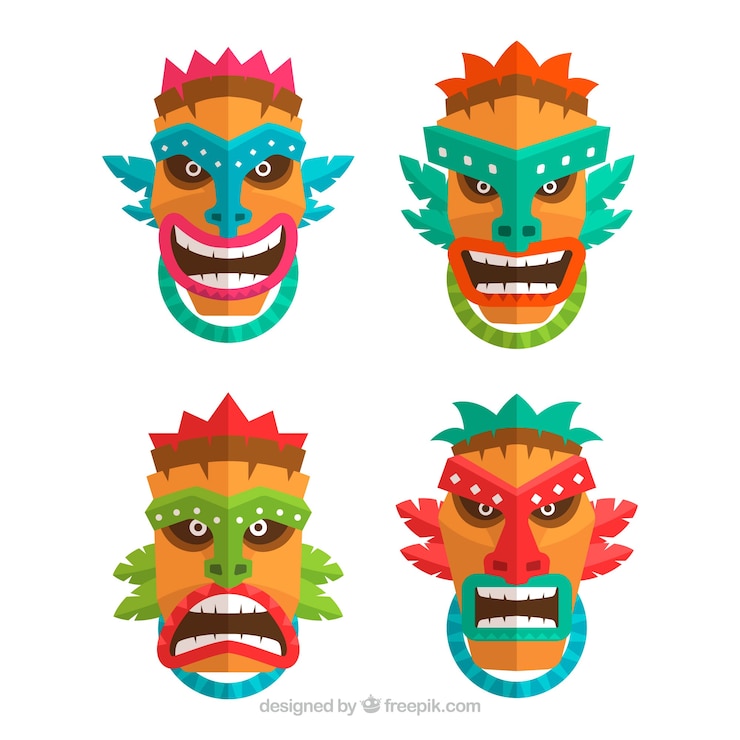 Free Vector set of tribal tiki masks in flat design
